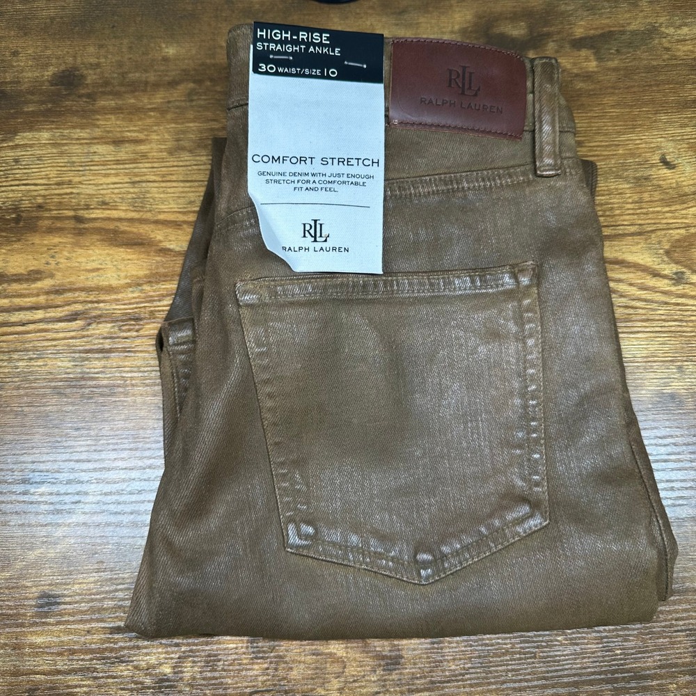 NEW Lauren Ralph Lauren Metallic Bronze Coated High Rise Straight Ankle Jeans 10